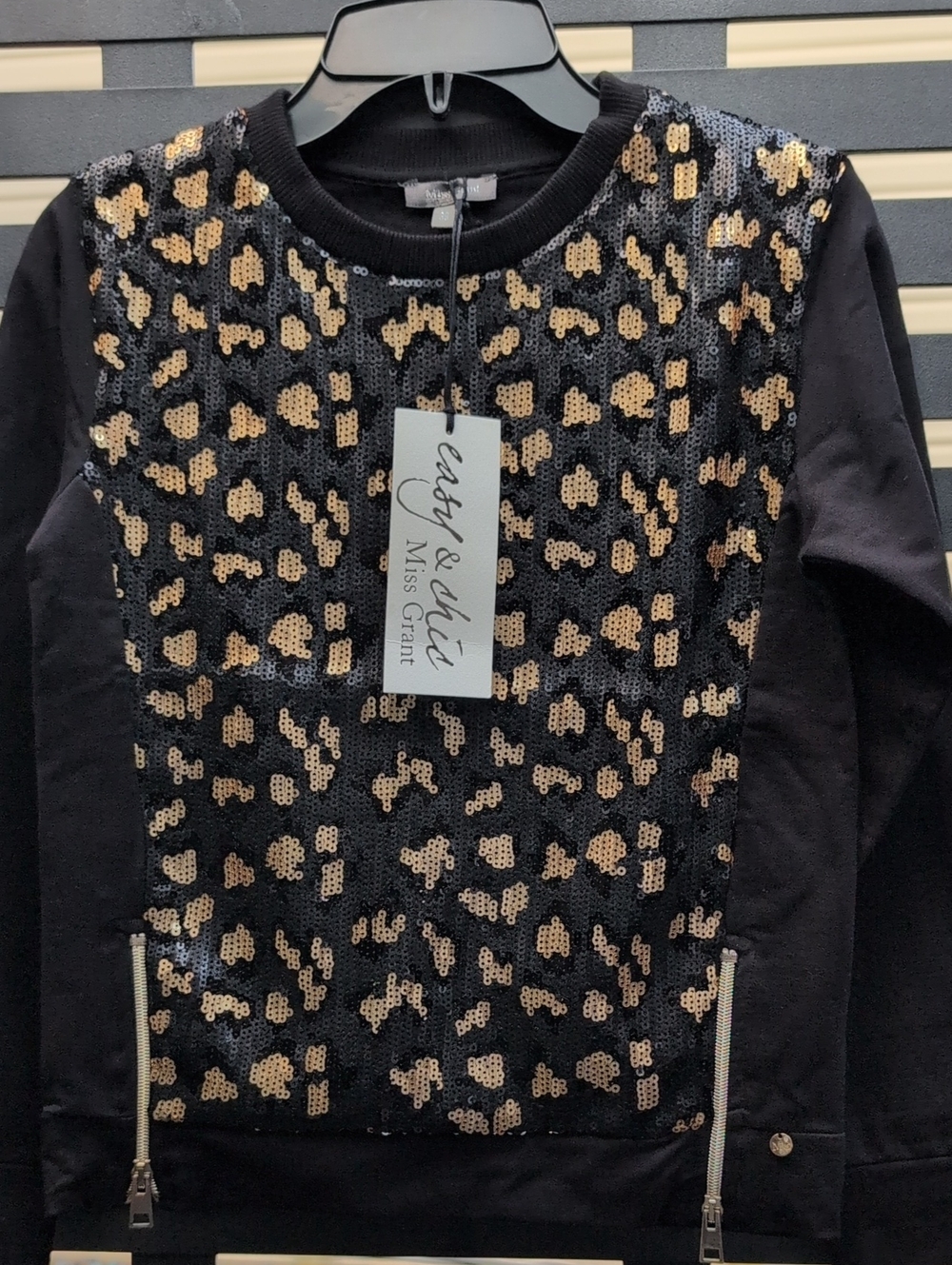 Miss Grant Black Pullover with Gold Sequin Leopard